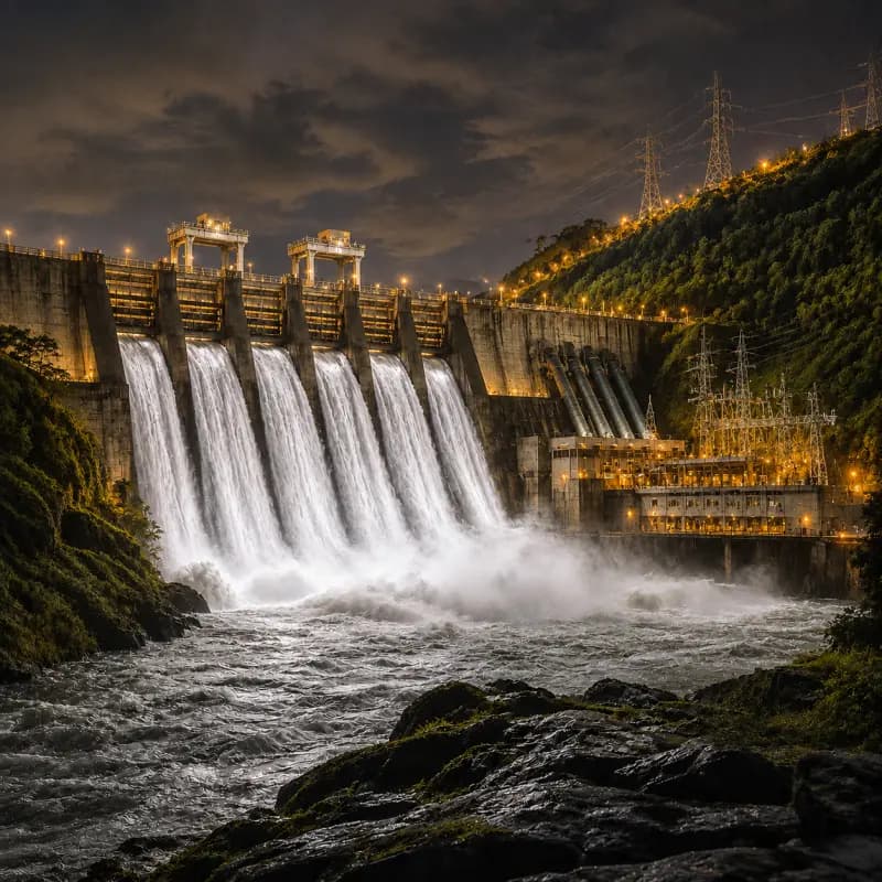 Barrage hydroélectrique en fonctionnement de nuit