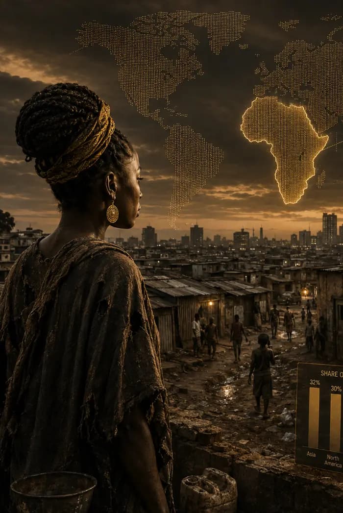 Femme observant une carte du monde lumineuse où seule l'Afrique brille, au-dessus d'un quartier précaire